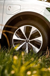Close-up of a car tire in a meadow in sunlight, Deer e-car sharing, Renault Megane, Calw, Germany