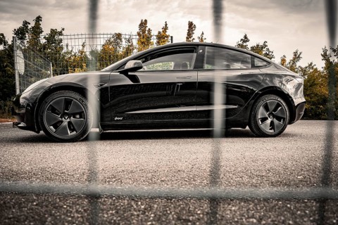Side view of a black car in front of a fence surrounded by autumn leaves, Deer E- car sharing,