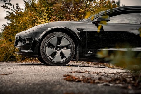 Side view of a black car surrounded by autumn trees and clouds, Deer E-Carsharing, Tesla Model 3,