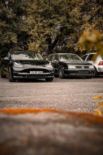 Two cars parked outdoors in front of a row of trees, quiet atmosphere, Deer E-Carsharing, Tesla