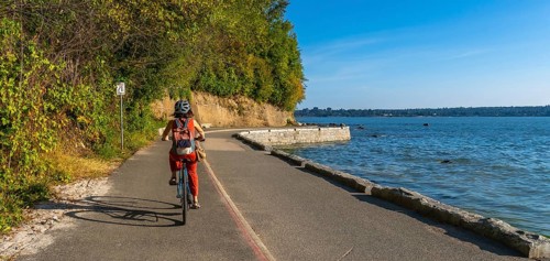 Tourist cycling through stanley park, soaking in stunning ocean views and vibrant cityscapes of