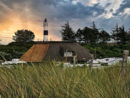Campground, lighthouse, sunset, Kampen, Germany