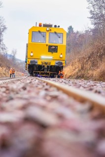 Yellow train on dirt road through forest with workers in the background, stuffing machine on