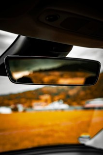 Rearview mirror in car with blurred view of landscape and buildings in background, Deer