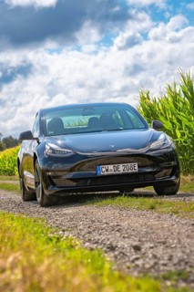 Black car driving along a dirt road flanked by green fields under a cloudy sky, Deer E- car