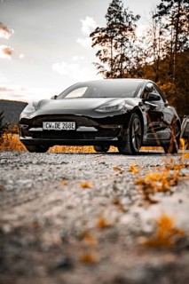 Black Tesla on dirt road at sunset in natural environment, Deer e-car sharing, Tesla Model 3, Calw,