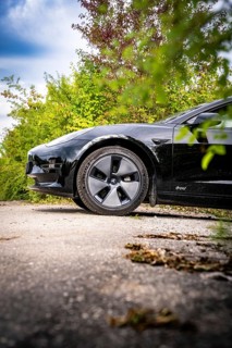 Side close-up of a black car on an asphalt road surrounded by plants, Deer E- car sharing, Tesla