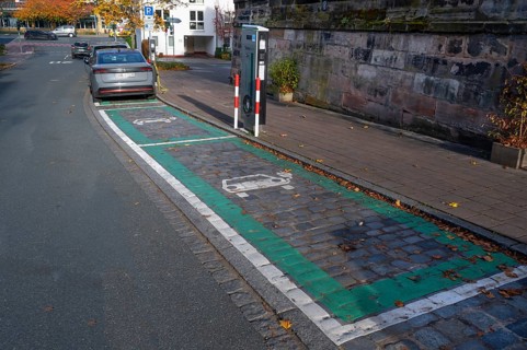 Electric car charging marked charging stations in the inner city, Fürth, Middle Franconia, Bavaria,