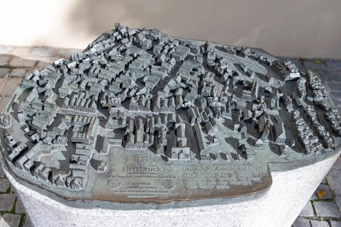 Bronze casting of the city view of Hersbruck, Oberer Masrkt, Hersbruck, Middle Franconia, Bavaria,