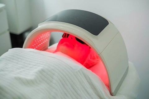 Client undergoes facial cleansing with LED light therapy to target acne while protected by goggles
