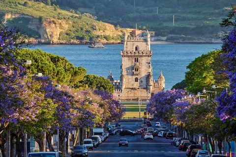 Blooming jacaranda trees line the street as visitors admire Belem Tower on the Tagus River at