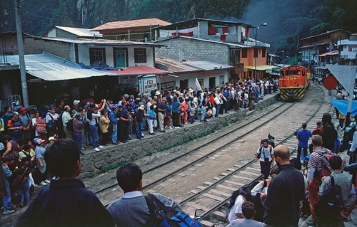 Railway runs through town, Agua Caliente, Andean highlands, Peru, South America, September 1997,