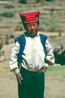 Little boy wearing traditional clothes on Isla Taquile in Lake Titicaca, Andean Highlands, Peru,