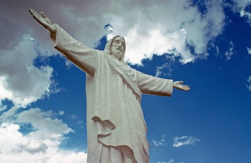 Christo Blanco statue, Cusco, Andean highlands, Peru, South America, September 1997, vintage,