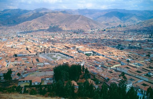 View of the Andean city of Cusco from Saysayhuaman fortress, Andean highlands, Peru, South America,
