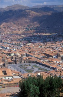 View of the Andean city of Cusco from Saysayhuaman fortress, Andean highlands, Peru, South America,