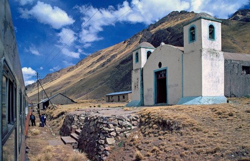 Church next to the railroad, Andean highlands between Cusco and Puno, Peru, South America,