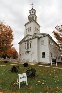 First Congregational Church of Bennington, historic church, multi-tiered bell tower, sign opened,