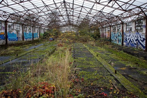 Dilapidated hall with graphite, dilapidated plant of a former agricultural production cooperative