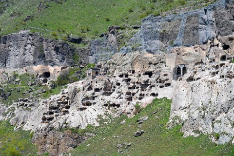 Detailed view of caves in a rocky mountain wall, cave town, cave monastery, Vardzia,