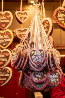 Colourful gingerbread hearts hang on the festive stands at the Stuttgart Christmas market. They are