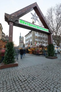 Entrance to Stuttgart 2025 Christmas Market: Festive lights, inviting stands, mulled wine,