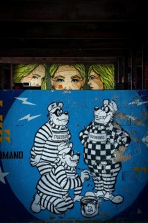 Graffiti on the former US eavesdropping facility on Teufelsberg in Grunewald, tank busters, comic,