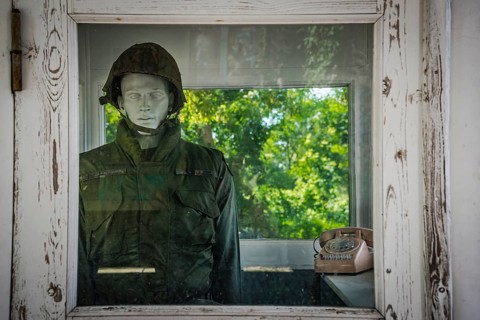 Installation with soldier on the former US monitoring system on the Teufelsberg in Grunewald,
