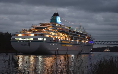 Cruise ship AMADEA sails in front of sunrise in the Kiel Canal, NOK, Kiel Canal, Kiel Canal,