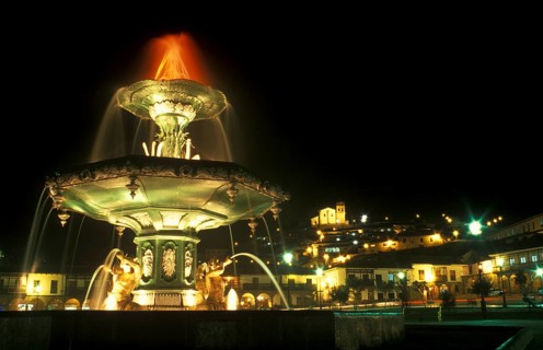 Illuminated fountain on Placa de Armas, Cusco, Andean Highlands, South America, September 1997,