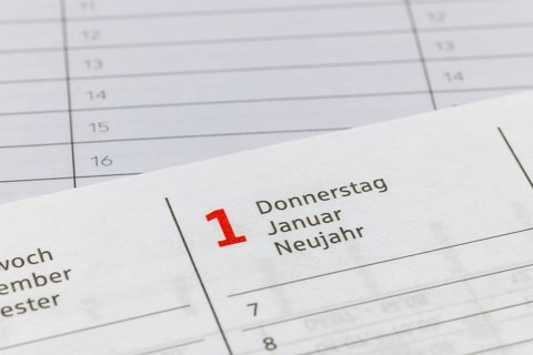 Calendar view of January 1st, New Year, without ballpoint pen, agenda