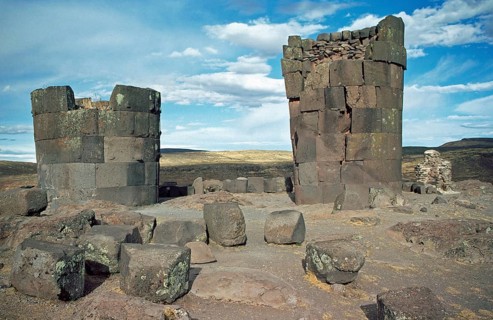 Chullpas of the Sillustani ruins on Lake Umayo near Puno, Andean highlands, Peru, South America,