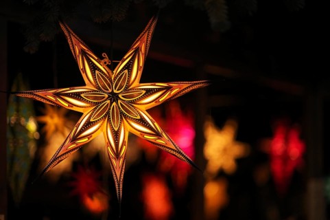 Colorful Christmas stars, sales stand, baroque Christmas market, blue hour, dusk, Ludwigsburg,