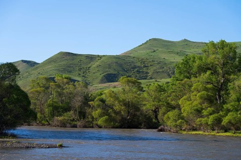 A river surrounded by green hills and trees, under a blue sky, Kura river near Aspindza,