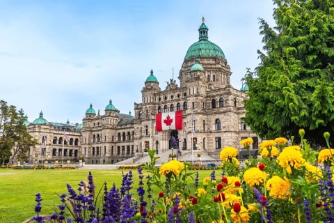 The british columbia parliament buildings are shown displaying a large canadian flag during summer