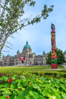 Vibrant totem pole proudly positioned in front of the majestic parliament buildings in victoria,
