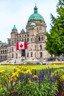 Colorful flowers blooming in the foreground with the parliament buildings and canadian flag in the