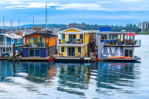 Vibrant houseboats create a picturesque scene, reflecting in the calm waters of fisherman's wharf