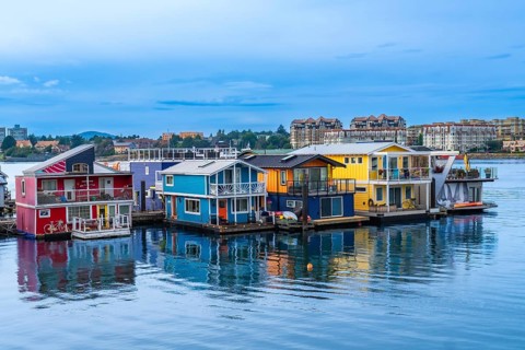 Fisherman's wharf park's vibrant floating homes create a picturesque scene reflecting in the calm