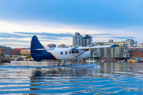 Seaplane is landing in the inner harbour of victoria, british columbia, with the city skyline in