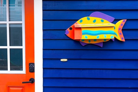 Whimsical fish shaped mailbox adds a touch of charm to a brightly colored blue house in victoria,