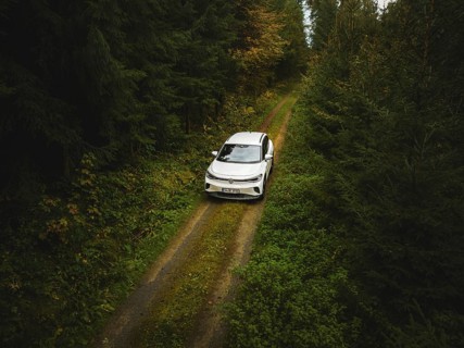 A white Volkswagen photographed from above on a green forest path, VW ID4 electric car, Deer
