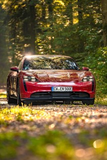 Red car in a forest with sunlight and green ambiance, Porsche Taycan, deer car sharing. Calw,