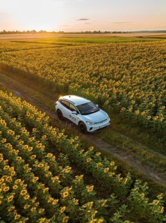 Car drives through a sunflower field in the evening, surrounded by nature, VW ID4 electric car,
