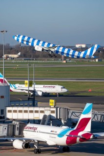 Eurowings Airbus aircraft at terminal A, Condor Airbus A330-900, taking off, Düsseldorf airport,