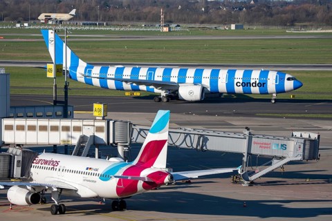 Eurowings Airbus aircraft, Condor Airbus A330-900, on the way to takeoff, at Terminal A and at