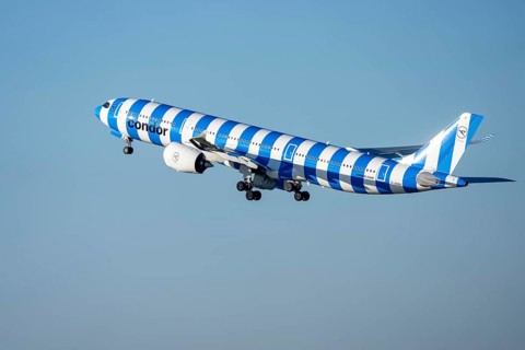 Condor Airbus A330-900, on takeoff, Düsseldorf airport, DUS