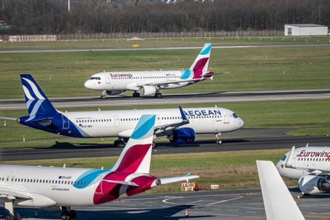 Eurowings aircraft, in field positions and during takeoff, Aegean Airbus A321neo on the way to