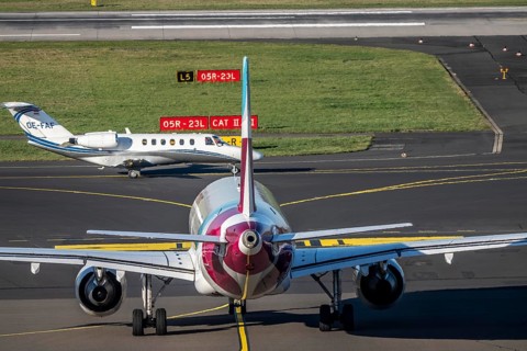Private aircraft, Austria, OE-FAF Cessna 525A CitationJet CJ2, Eurowings Airbus on taxiway to take
