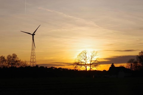 Landscape, wind generator, sunset, orange, atmospheric, winter, Germany, golden sunset in the